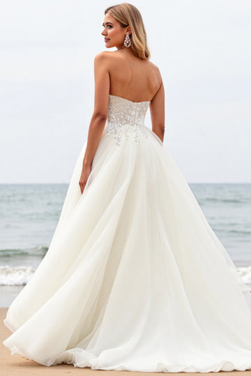 Ivory Strapless Lace Tulle A Line Beach Wedding Dress